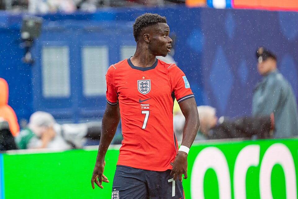 Bukayo Saka playing for England at the 2026 World Cup