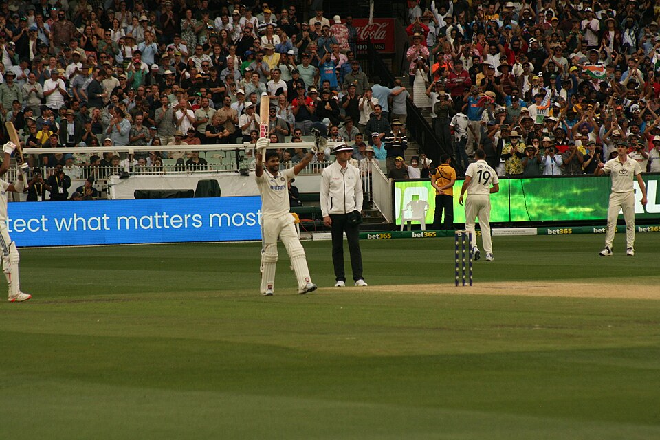 Nitish Kumar Reddy celebrates after scoring his maiden Test century against Australia at the MCG in December 2024.