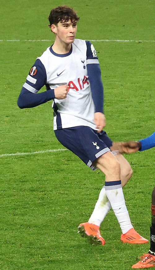 Archie Gray playing for Tottenham Hotspur against Rangers