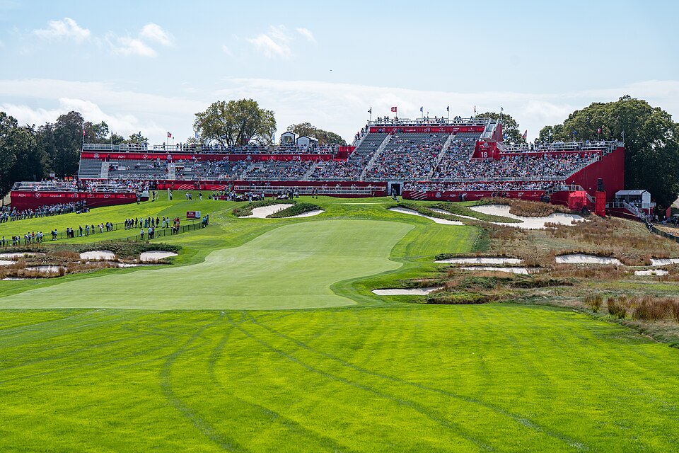 The 18th hole at Bethpage Black during the 2025 Ryder Cup.