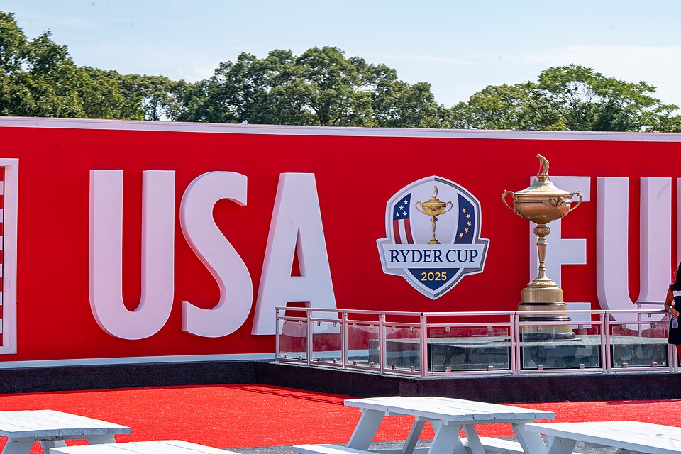 USA sign and Ryder Cup trophy at Bethpage Black during the 2025 Ryder Cup